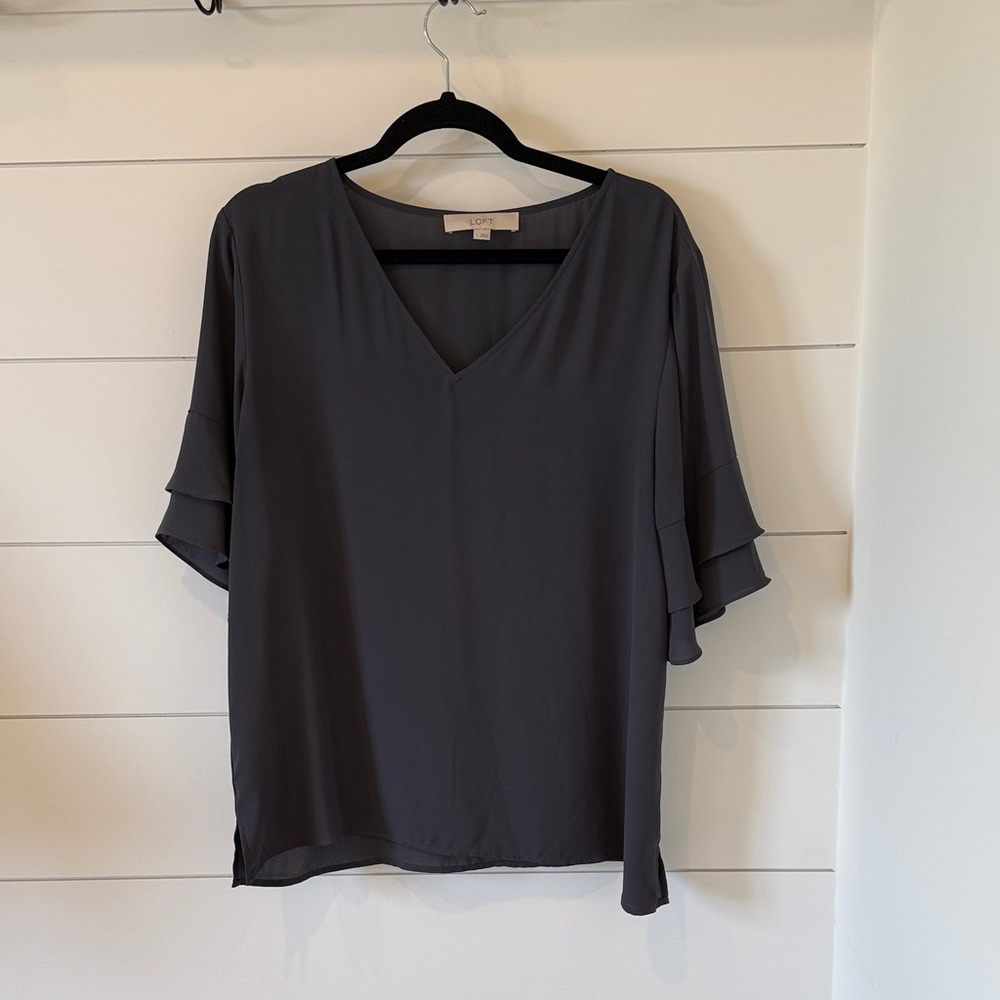 LOFT Charcoal V-Neck Blouse with Ruffle Sleeves